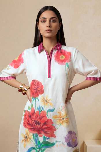 Satya Paul_White Linen Mandarin Collar Green Fingers Tunic _Online_at_Aza_Fashions