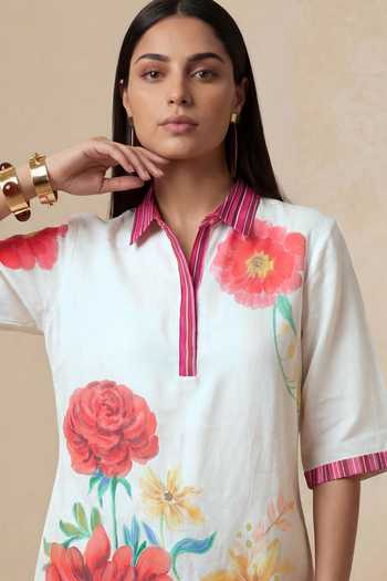 Buy_Satya Paul_White Linen Mandarin Collar Green Fingers Tunic _Online_at_Aza_Fashions
