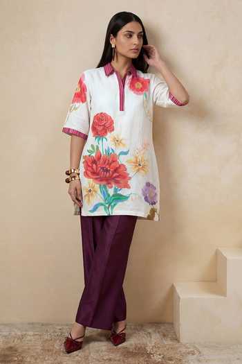 Shop_Satya Paul_White Linen Mandarin Collar Green Fingers Tunic _Online_at_Aza_Fashions