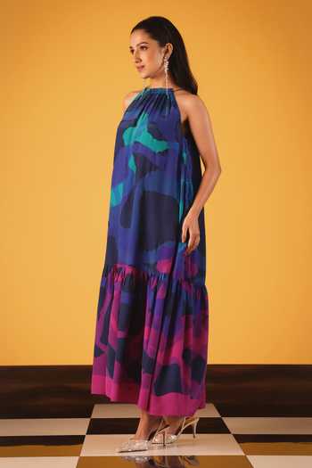 Satya Paul_Blue Crepe, Viscose Halter Neck Neon Currents Printed Dress _Online_at_Aza_Fashions