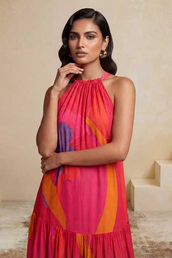 Satya Paul_Magenta Crepe, Viscose Halter Neck Prismatic Petals Dress _Online_at_Aza_Fashions