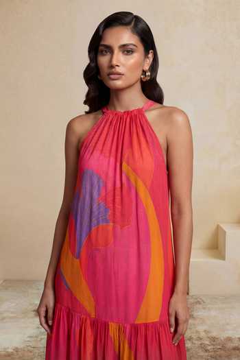 Buy_Satya Paul_Magenta Crepe, Viscose Halter Neck Prismatic Petals Dress _Online_at_Aza_Fashions