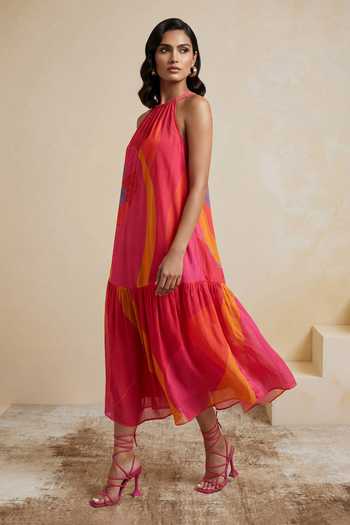 Shop_Satya Paul_Magenta Crepe, Viscose Halter Neck Prismatic Petals Dress _Online_at_Aza_Fashions