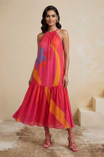 Satya Paul_Magenta Crepe, Viscose Halter Neck Prismatic Petals Dress _at_Aza_Fashions