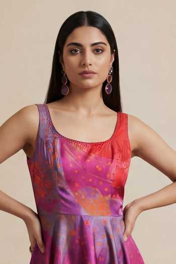 Satya Paul_Red Satin, Polyester Scoop Neck District Bloom Dress _Online_at_Aza_Fashions