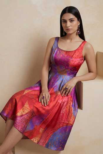 Buy_Satya Paul_Red Satin, Polyester Scoop Neck District Bloom Dress _Online_at_Aza_Fashions