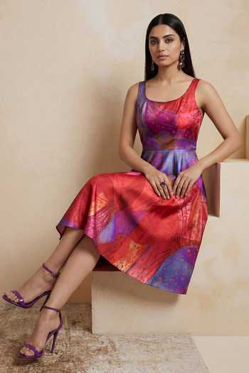 Shop_Satya Paul_Red Satin, Polyester Scoop Neck District Bloom Dress _Online_at_Aza_Fashions