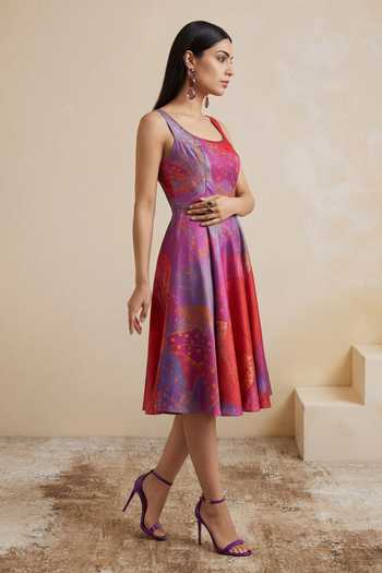 Satya Paul_Red Satin, Polyester Scoop Neck District Bloom Dress _at_Aza_Fashions