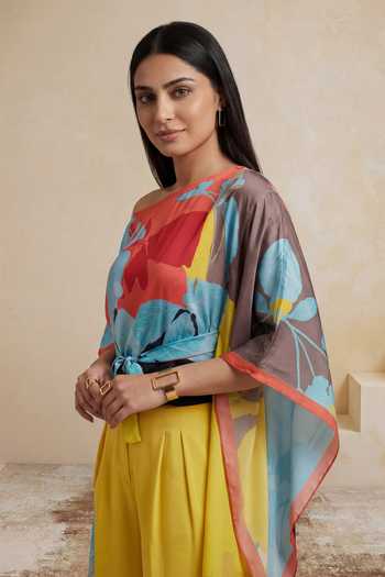 Satya Paul_Blue Viscose, Crepe Boat Neck Peach Horizon Printed Kaftan Top _Online_at_Aza_Fashions