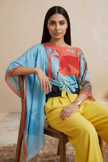 Buy_Satya Paul_Blue Viscose, Crepe Boat Neck Peach Horizon Printed Kaftan Top _Online_at_Aza_Fashions