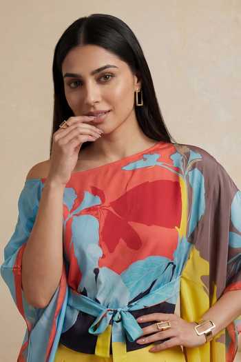 Shop_Satya Paul_Blue Viscose, Crepe Boat Neck Peach Horizon Printed Kaftan Top _Online_at_Aza_Fashions
