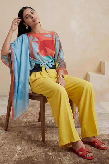 Satya Paul_Blue Viscose, Crepe Boat Neck Peach Horizon Printed Kaftan Top _at_Aza_Fashions