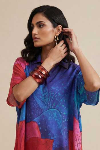 Satya Paul_Blue Satin, Polyester V-neck, Collared Improvised Melodies Printed Kaftan Top _Online_at_Aza_Fashions