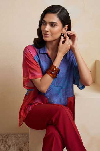 Buy_Satya Paul_Blue Satin, Polyester V-neck, Collared Improvised Melodies Printed Kaftan Top _Online_at_Aza_Fashions