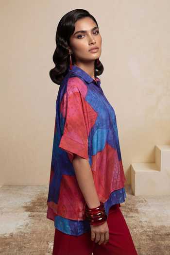 Shop_Satya Paul_Blue Satin, Polyester V-neck, Collared Improvised Melodies Printed Kaftan Top _Online_at_Aza_Fashions