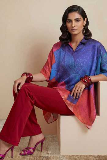 Satya Paul_Blue Satin, Polyester V-neck, Collared Improvised Melodies Printed Kaftan Top _at_Aza_Fashions