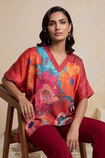 Buy_Satya Paul_Red Satin, Polyester V-neck First Impressions Printed Kaftan Top _Online_at_Aza_Fashions