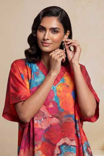 Shop_Satya Paul_Red Satin, Polyester V-neck First Impressions Printed Kaftan Top _Online_at_Aza_Fashions