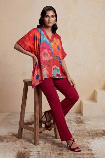 Satya Paul_Red Satin, Polyester V-neck First Impressions Printed Kaftan Top _at_Aza_Fashions