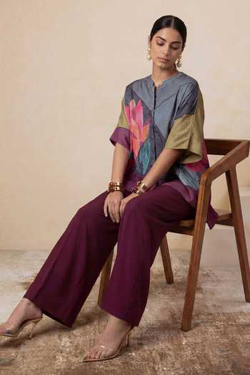 Buy_Satya Paul_Grey Satin, Polyester Mandarin Collar Canaries And Roses Print Kaftan Top _Online_at_Aza_Fashions