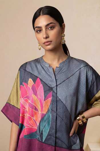 Shop_Satya Paul_Grey Satin, Polyester Mandarin Collar Canaries And Roses Print Kaftan Top _Online_at_Aza_Fashions