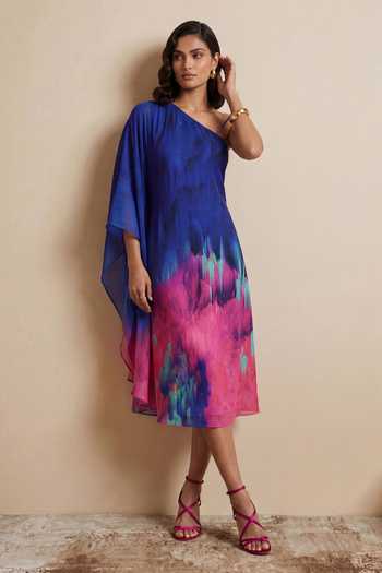 Satya Paul_Blue Crepe, Viscose One Shoulder Midnight Song Kaftan _Online_at_Aza_Fashions