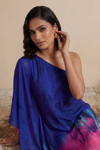 Shop_Satya Paul_Blue Crepe, Viscose One Shoulder Midnight Song Kaftan _Online_at_Aza_Fashions
