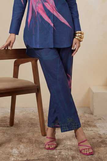 Satya Paul_Blue Linen, Viscose Collared Teal Printed Tunic And Pant Set _Online_at_Aza_Fashions