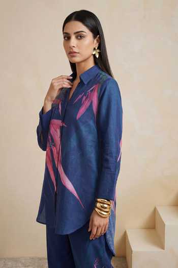 Buy_Satya Paul_Blue Linen, Viscose Collared Teal Printed Tunic And Pant Set _Online_at_Aza_Fashions