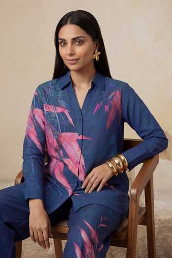 Shop_Satya Paul_Blue Linen, Viscose Collared Teal Printed Tunic And Pant Set _Online_at_Aza_Fashions