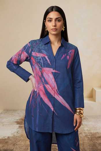 Satya Paul_Blue Linen, Viscose Collared Teal Printed Tunic And Pant Set _at_Aza_Fashions