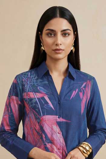 Buy_Satya Paul_Blue Linen, Viscose Collared Teal Printed Tunic And Pant Set 