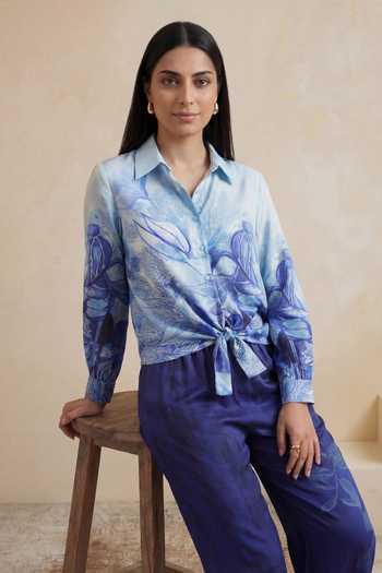Buy_Satya Paul_Blue Chanderi Collared Misty Vein Shirt And Pant Set _Online_at_Aza_Fashions