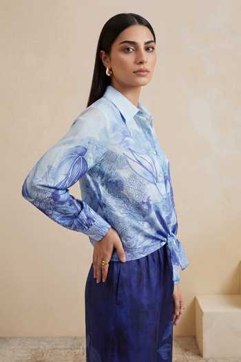 Shop_Satya Paul_Blue Chanderi Collared Misty Vein Shirt And Pant Set _Online_at_Aza_Fashions