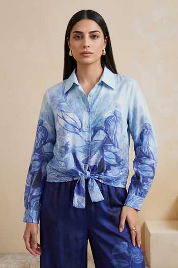 Satya Paul_Blue Chanderi Collared Misty Vein Shirt And Pant Set _at_Aza_Fashions