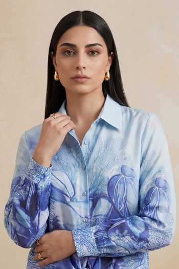 Buy_Satya Paul_Blue Chanderi Collared Misty Vein Shirt And Pant Set 