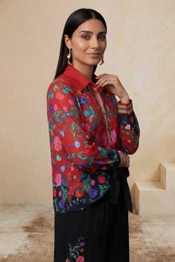 Satya Paul_Black Viscose, Crepe Collared Memories Of Kahlo Shirt And Pant Set _Online_at_Aza_Fashions