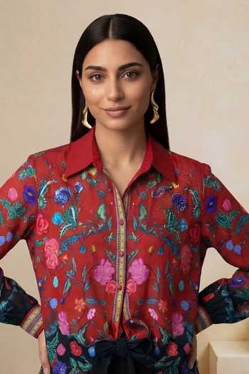 Satya Paul_Black Viscose, Crepe Collared Memories Of Kahlo Shirt And Pant Set _at_Aza_Fashions