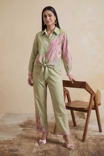 Satya Paul_Green Chanderi Button-down Neck Lily Pond Shirt And Pant Set _Online_at_Aza_Fashions