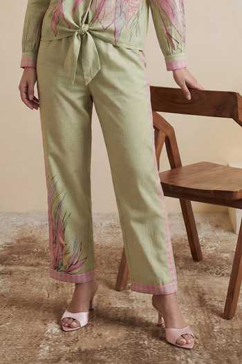 Buy_Satya Paul_Green Chanderi Button-down Neck Lily Pond Shirt And Pant Set _Online_at_Aza_Fashions