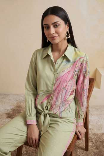 Shop_Satya Paul_Green Chanderi Button-down Neck Lily Pond Shirt And Pant Set _Online_at_Aza_Fashions
