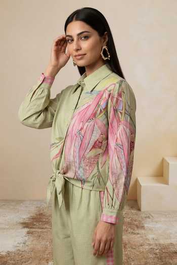 Satya Paul_Green Chanderi Button-down Neck Lily Pond Shirt And Pant Set _at_Aza_Fashions