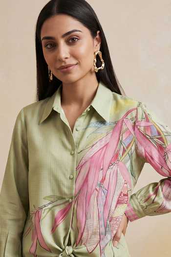 Buy_Satya Paul_Green Chanderi Button-down Neck Lily Pond Shirt And Pant Set 
