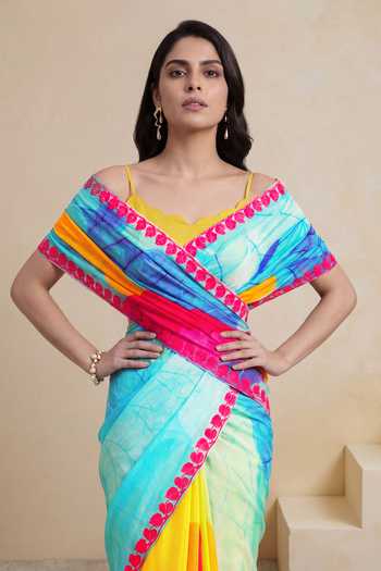 Satya Paul_Multi Color Silk, Crepe Art Deco Print Saree _Online_at_Aza_Fashions