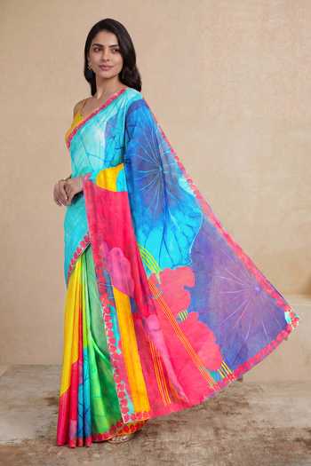 Satya Paul_Multi Color Silk, Crepe Art Deco Print Saree _at_Aza_Fashions
