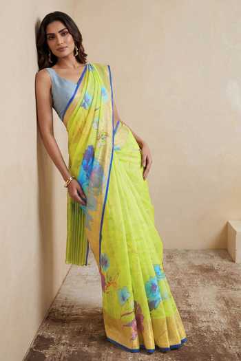 Shop_Satya Paul_Yellow Linen Morning Glory Floral Print Saree _Online_at_Aza_Fashions