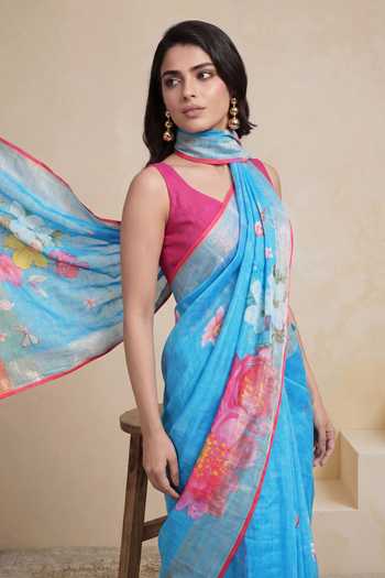 Satya Paul_Blue Linen Cherry Blossom Print Saree _Online_at_Aza_Fashions