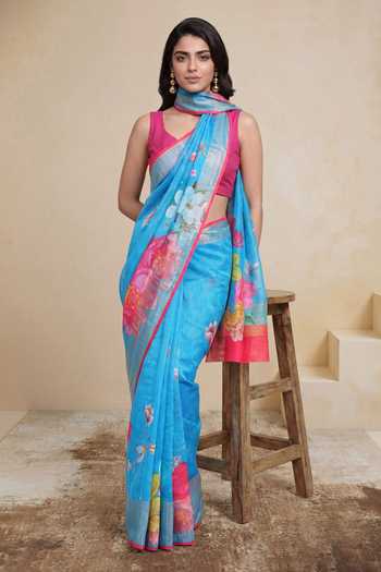 Buy_Satya Paul_Blue Linen Cherry Blossom Print Saree _Online_at_Aza_Fashions