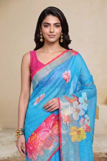 Shop_Satya Paul_Blue Linen Cherry Blossom Print Saree _Online_at_Aza_Fashions
