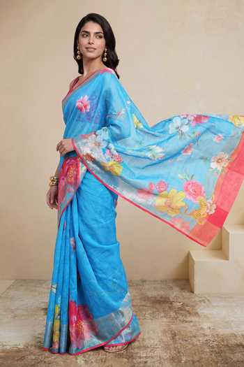 Satya Paul_Blue Linen Cherry Blossom Print Saree _at_Aza_Fashions